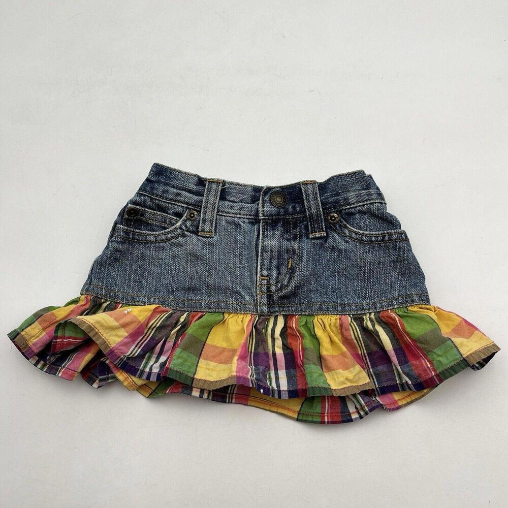 Polo Ralph Lauren Baby Girl Denim Mini Skirt Plaid Ruffle 12 mos Toddler